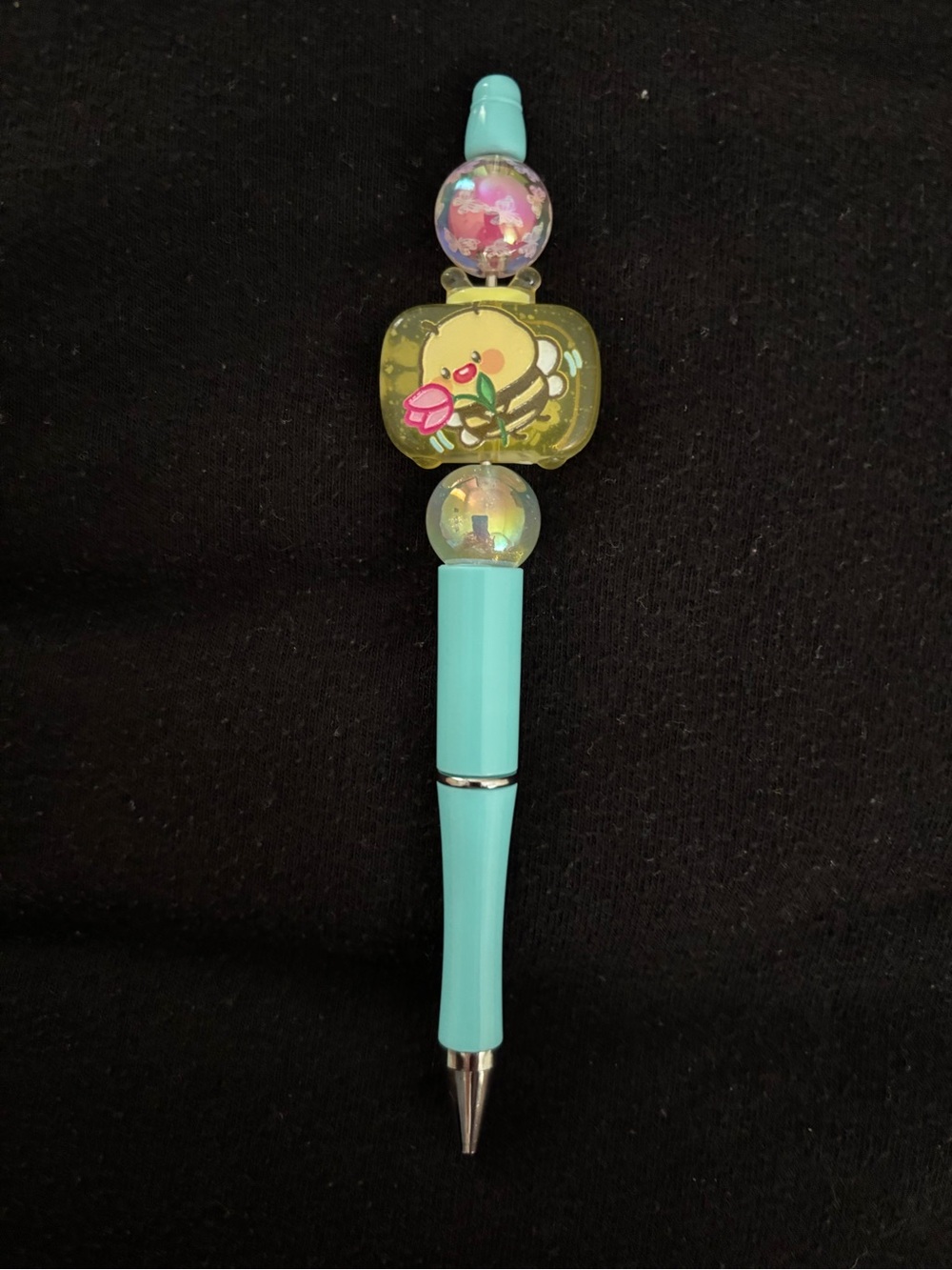 Aqua Decorative Beaded Ballpoint Pen with Bee Accent
